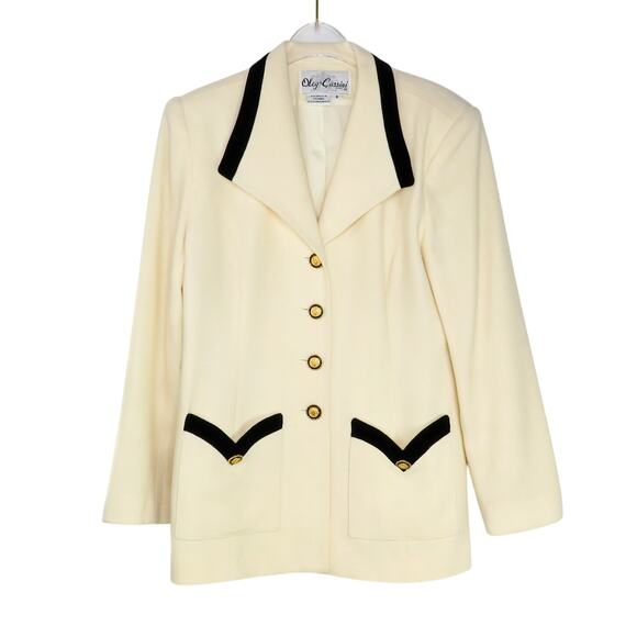 1980s Oleg Cassini Vintage Cream Blazer with Gold Buttons & Black Trim Medium 8 - Picture 8 of 8